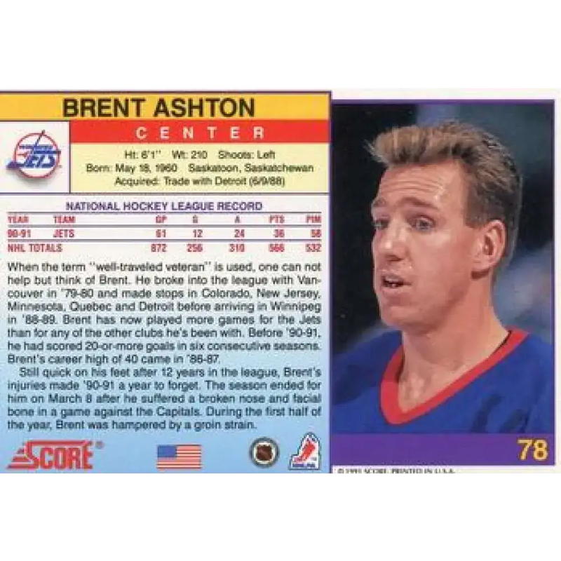 1991-92 Score American #78 Brent Ashton NM-MT Winnipeg Jets Hockey Card - Hockey Card Single