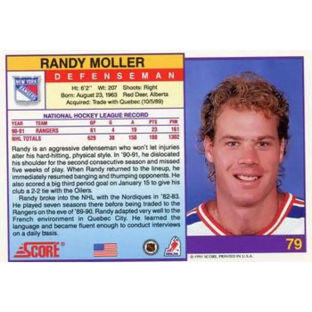 1991-92 Score American #79 Randy Moller NM-MT New York Rangers Hockey Card - Hockey Card Single