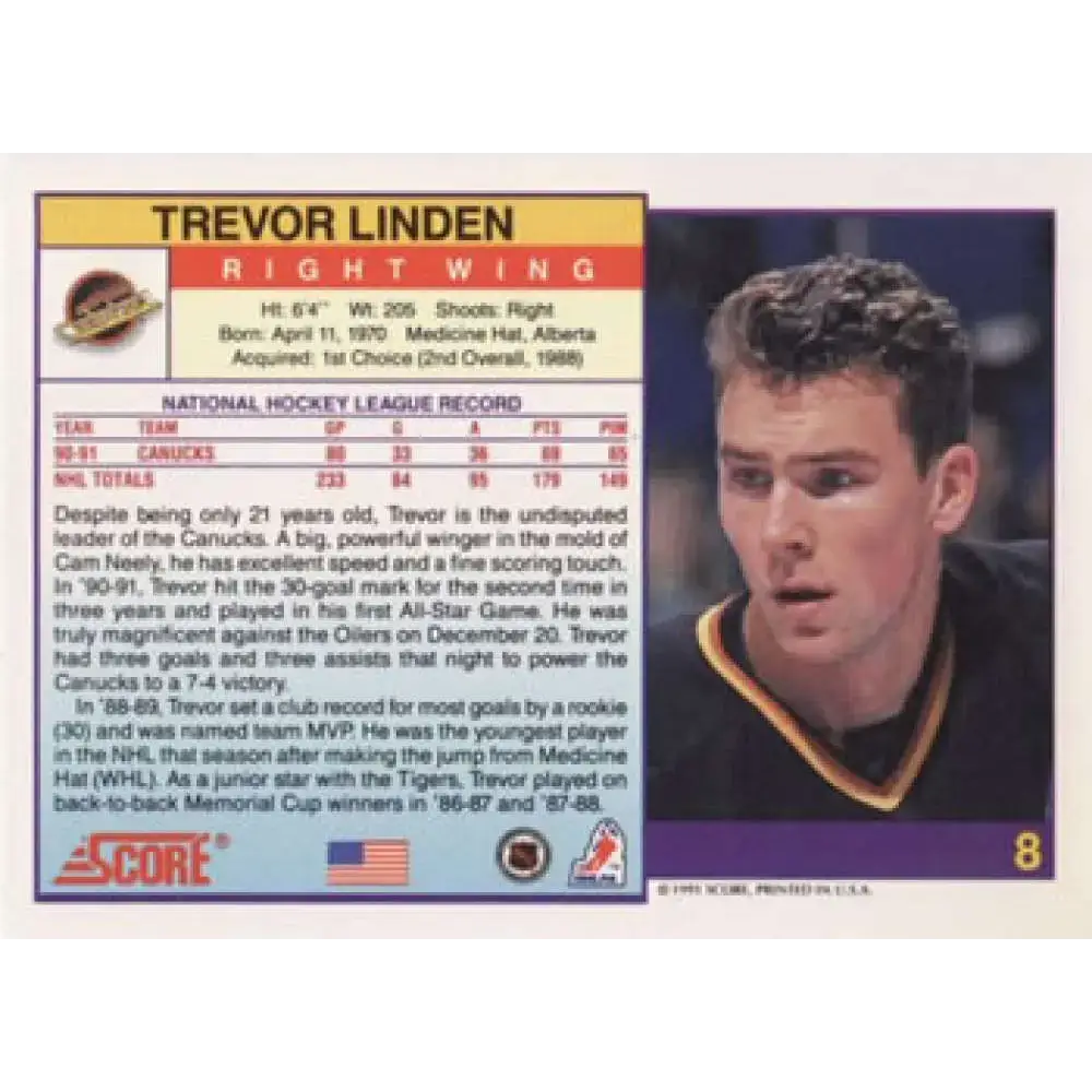 1991-92 Score American #8 Trevor Linden NM-MT Vancouver Canucks Hockey Card - Hockey Card Single