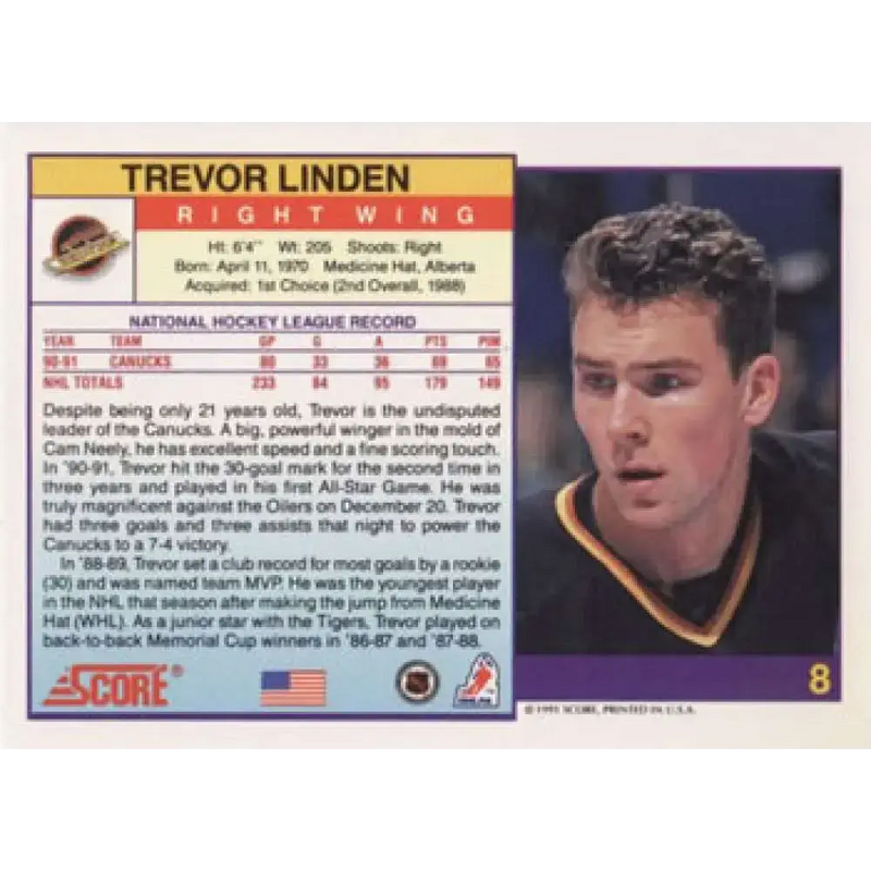 1991-92 Score American #8 Trevor Linden NM-MT Vancouver Canucks Hockey Card - Hockey Card Single