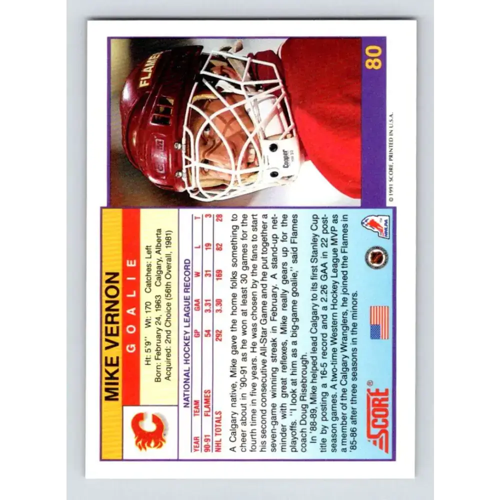 1991-92 Score American #80 Mike Vernon NM-MT Calgary Flames Hockey Card - Hockey Card Single
