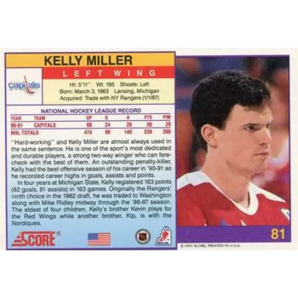 1991-92 Score American #81 Kelly Miller NM-MT Washington Capitals Hockey Card - Hockey Card Single
