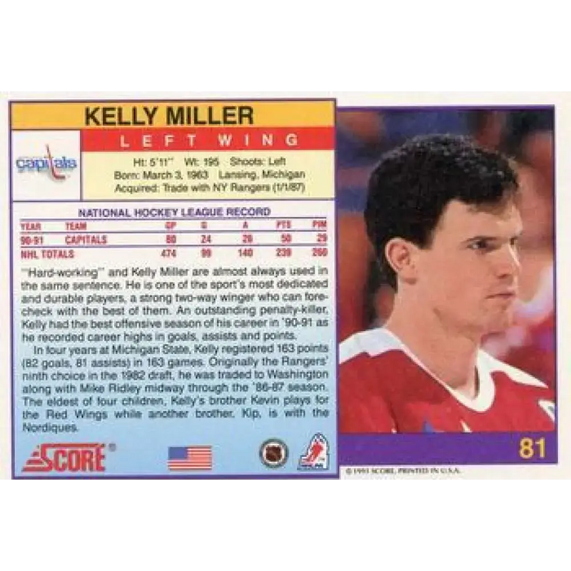 1991-92 Score American #81 Kelly Miller NM-MT Washington Capitals Hockey Card - Hockey Card Single