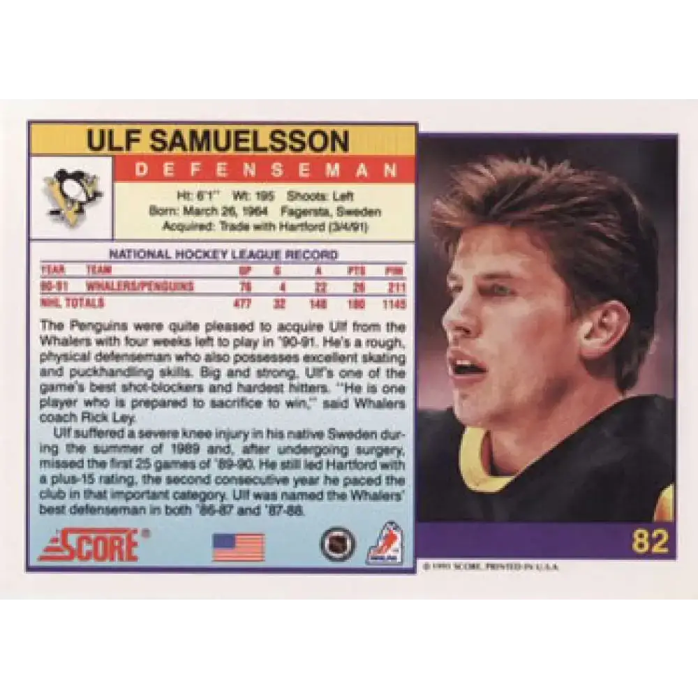 1991-92 Score American #82 Ulf Samuelsson NM-MT Pittsburgh Penguins Hockey Card - Hockey Card Single