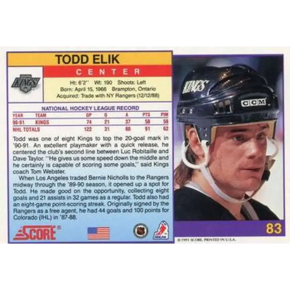 1991-92 Score American #83 Todd Elik NM-MT Los Angeles Kings Hockey Card - Hockey Card Single