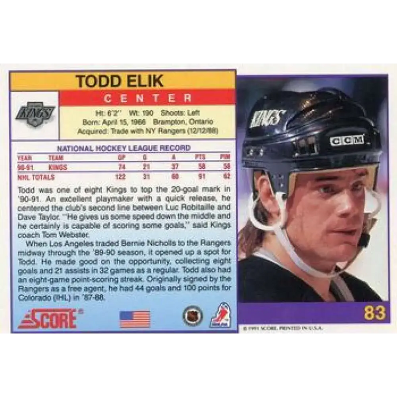 1991-92 Score American #83 Todd Elik NM-MT Los Angeles Kings Hockey Card - Hockey Card Single