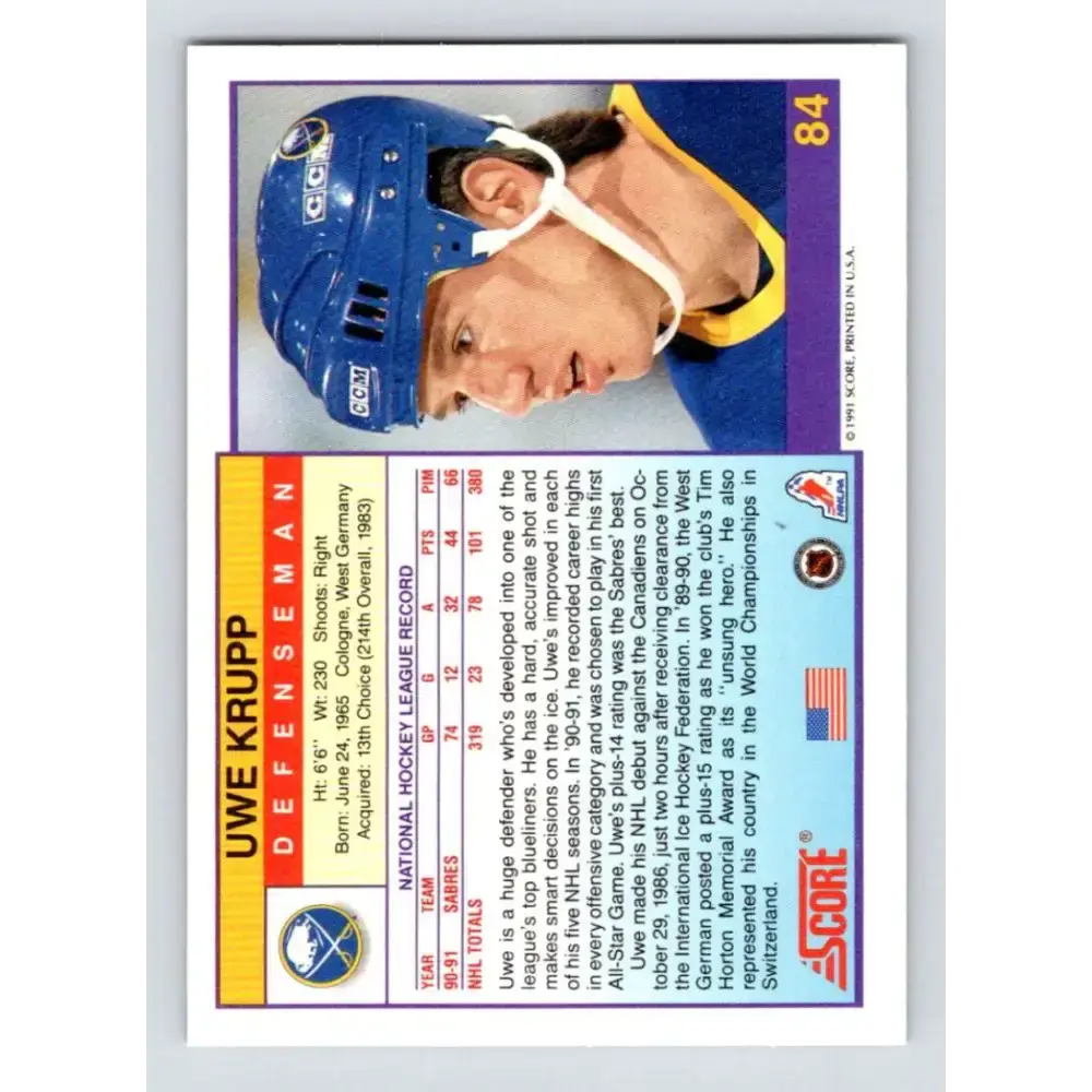 1991-92 Score American #84 Uwe Krupp NM-MT Buffalo Sabres Hockey Card - Hockey Card Single