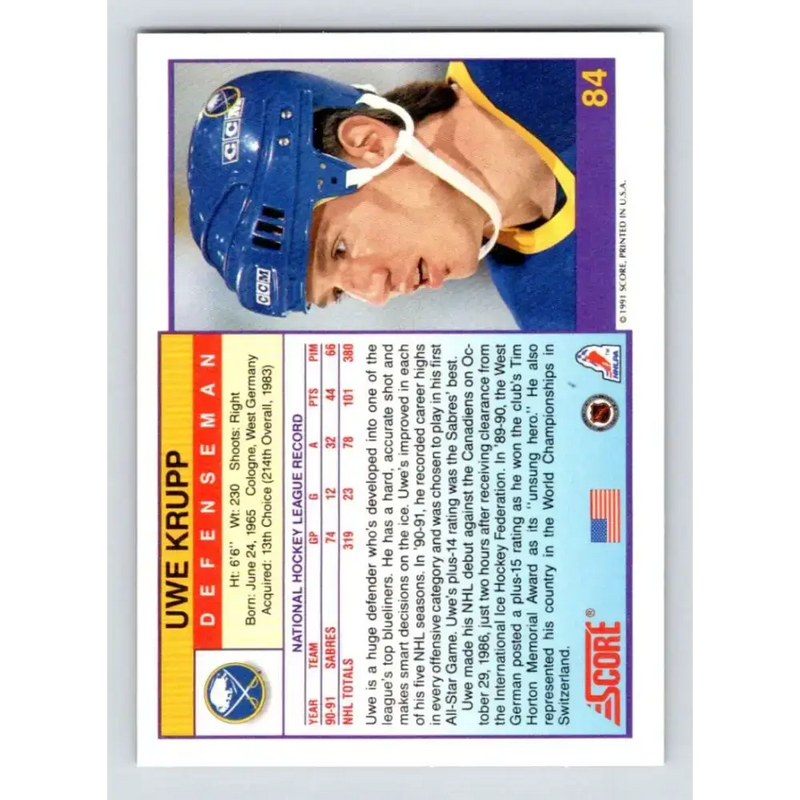 1991-92 Score American #84 Uwe Krupp NM-MT Buffalo Sabres Hockey Card - Hockey Card Single