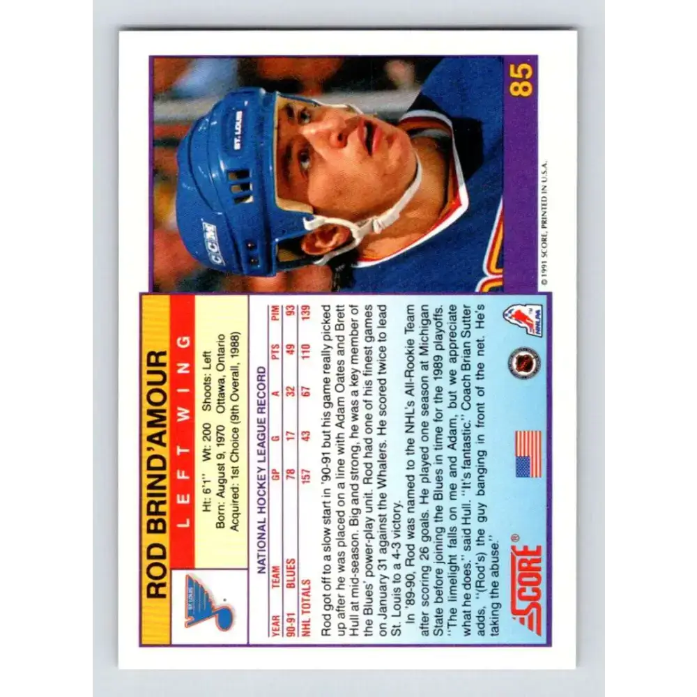 1991-92 Score American #85 Rod Brind’Amour NM-MT St. Louis Blues Hockey Card