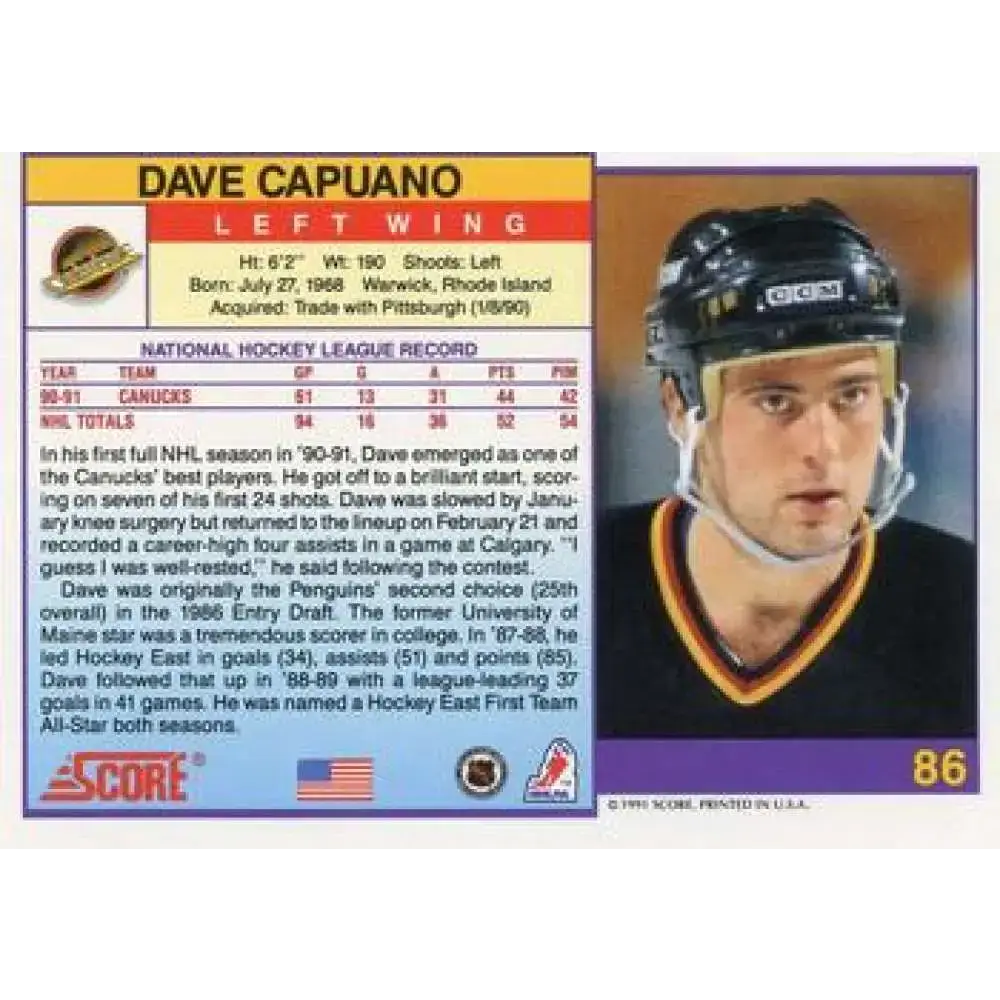 1991-92 Score American #86 Dave Capuano NM-MT Vancouver Canucks Hockey Card - Hockey Card Single