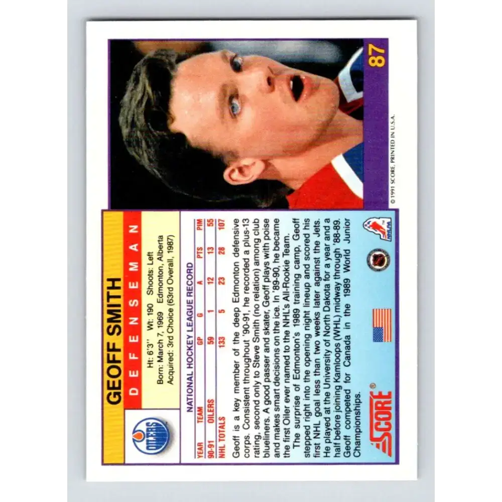 1991-92 Score American #87 Geoff Smith NM-MT Edmonton Oilers Hockey Card - Hockey Card Single
