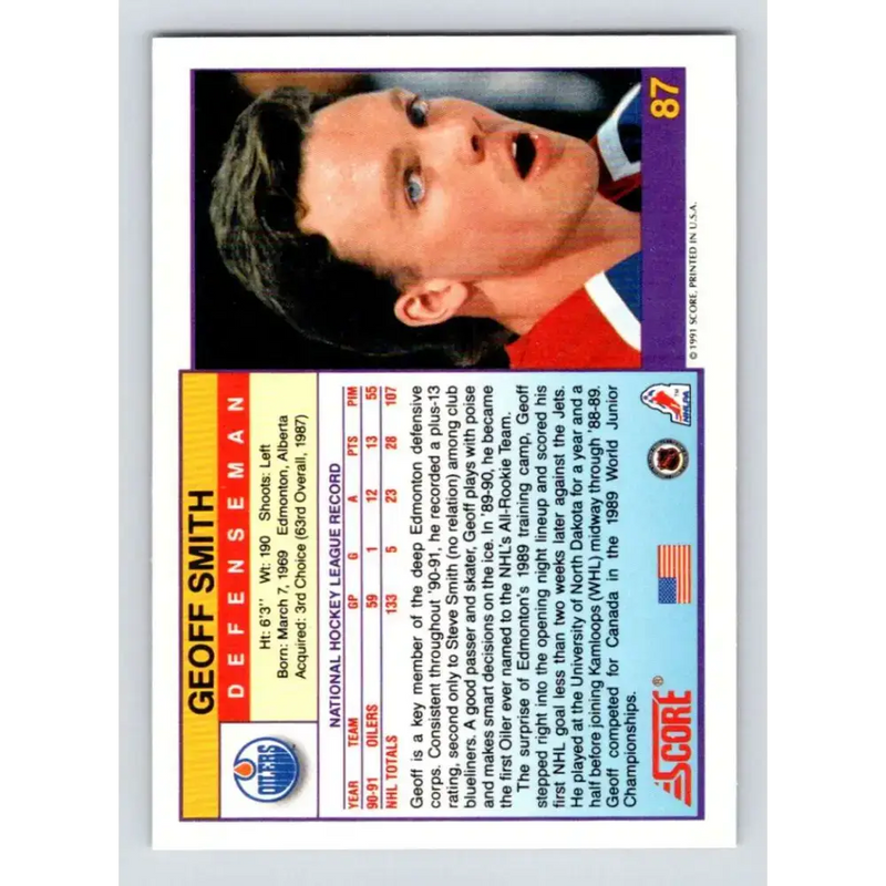 1991-92 Score American #87 Geoff Smith NM-MT Edmonton Oilers Hockey Card - Hockey Card Single