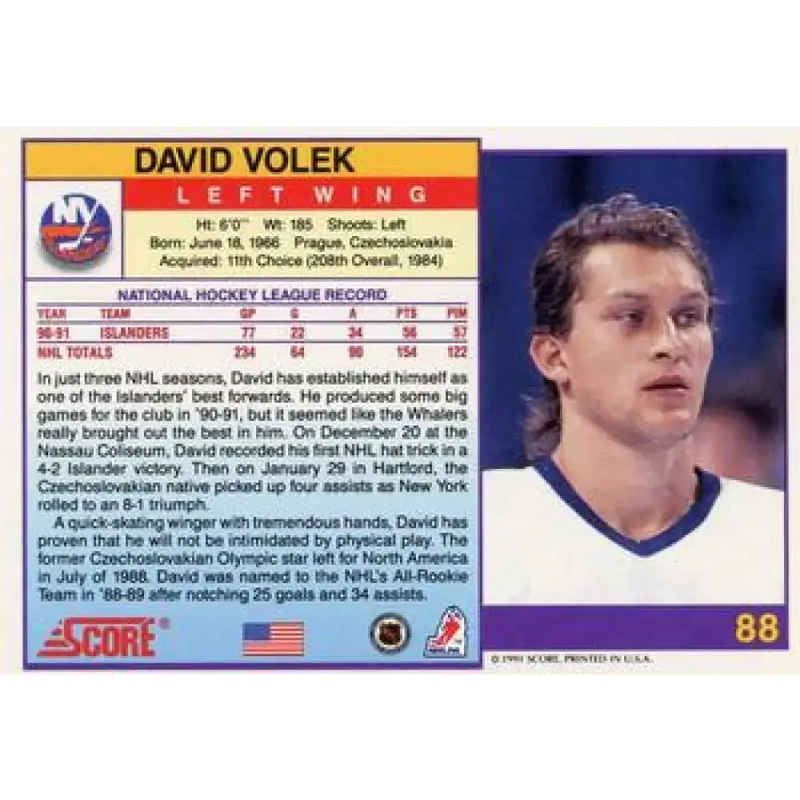 1991-92 Score American #88 David Volek NM-MT New York Islanders Hockey Card - Hockey Card Single