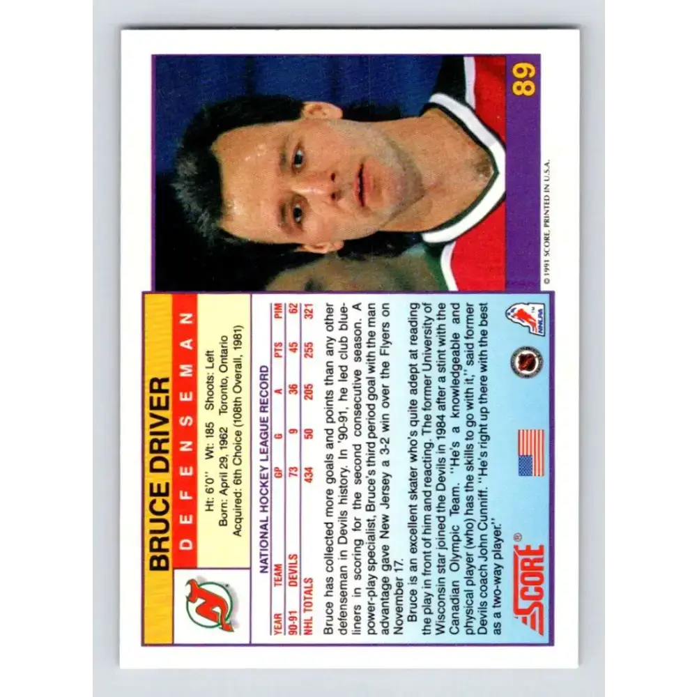 1991-92 Score American #89 Bruce Driver NM-MT New Jersey Devils Hockey Card - Hockey Card Single