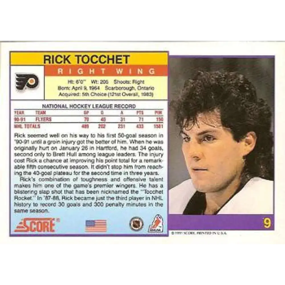 1991-92 Score American #9 Rick Tocchet NM-MT Philadelphia Flyers Hockey Card - Hockey Card Single