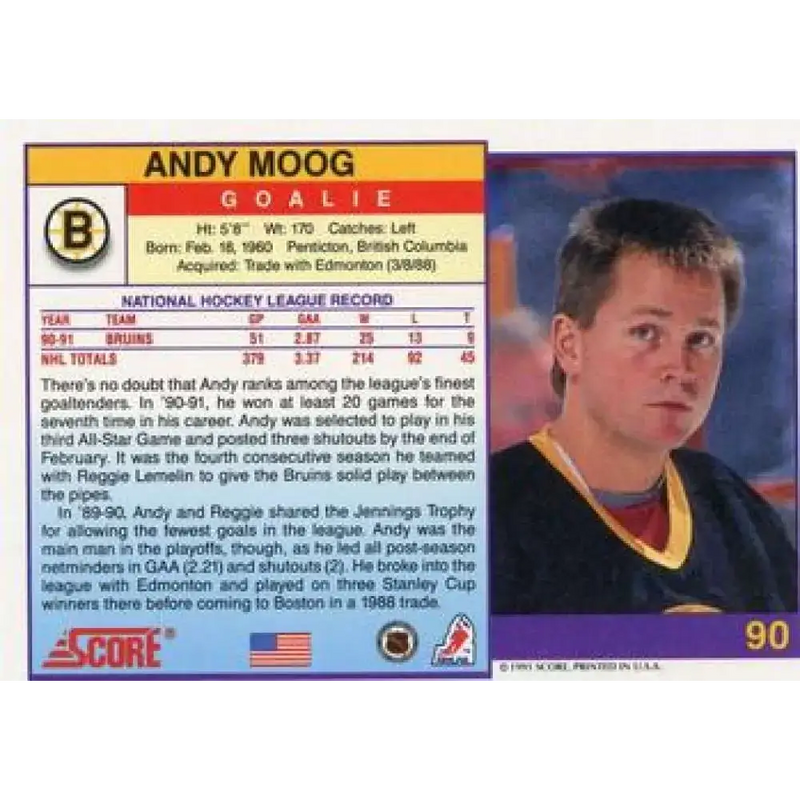 1991-92 Score American #90 Andy Moog NM-MT Boston Bruins Hockey Card - Hockey Card Single