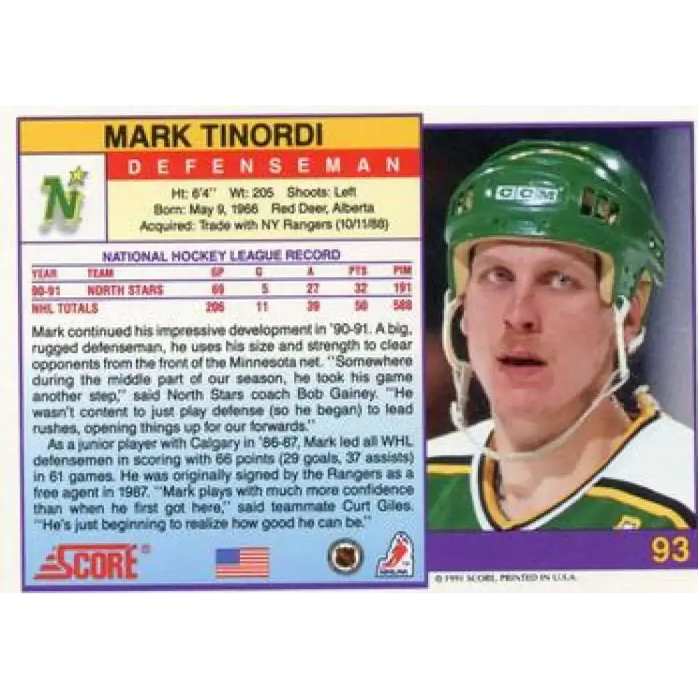 1991-92 Score American #93 Mark Tinordi NM-MT Minnesota North Stars Hockey Card - Hockey Card Single
