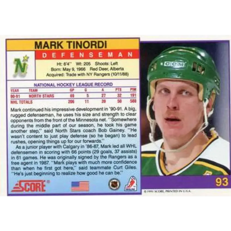 1991-92 Score American #93 Mark Tinordi NM-MT Minnesota North Stars Hockey Card - Hockey Card Single