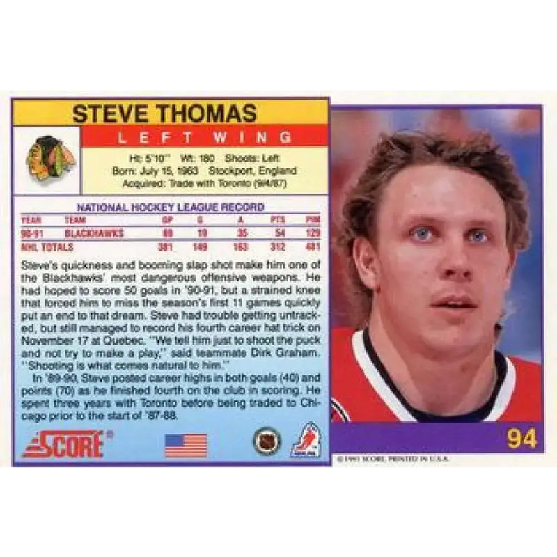 1991-92 Score American #94 Steve Thomas NM-MT Chicago Blackhawks Hockey Card - Hockey Card Single