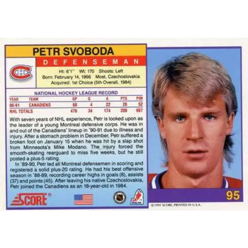 1991-92 Score American #95 Petr Svoboda NM-MT Montreal Canadiens Hockey Card