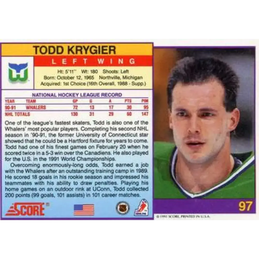 1991-92 Score American #97 Todd Krygier NM-MT Hartford Whalers Hockey Card - Hockey Card Single