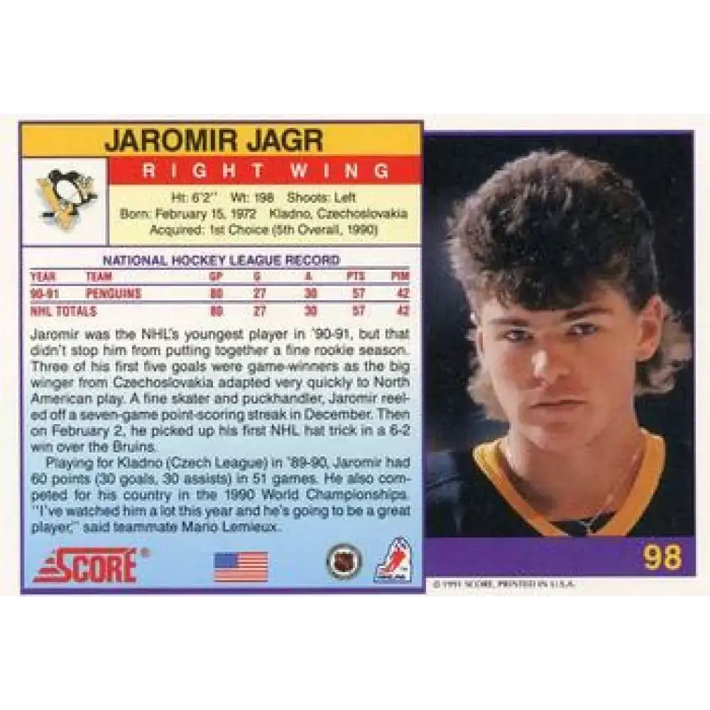 1991-92 Score American #98 Jaromir Jagr NM-MT Pittsburgh Penguins Hockey Card - Hockey Card Single