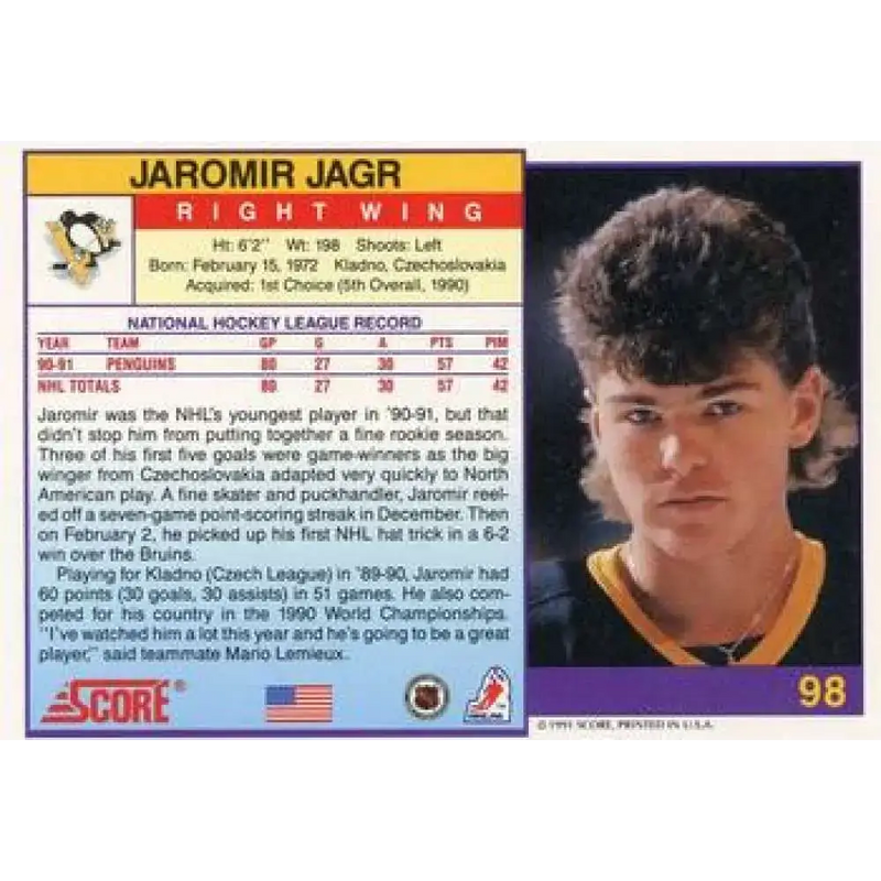 1991-92 Score American #98 Jaromir Jagr NM-MT Pittsburgh Penguins Hockey Card - Hockey Card Single