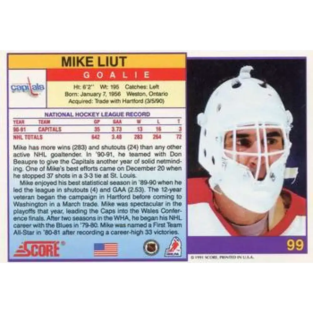 1991-92 Score American #99 Mike Liut NM-MT Washington Capitals Hockey Card - Hockey Card Single
