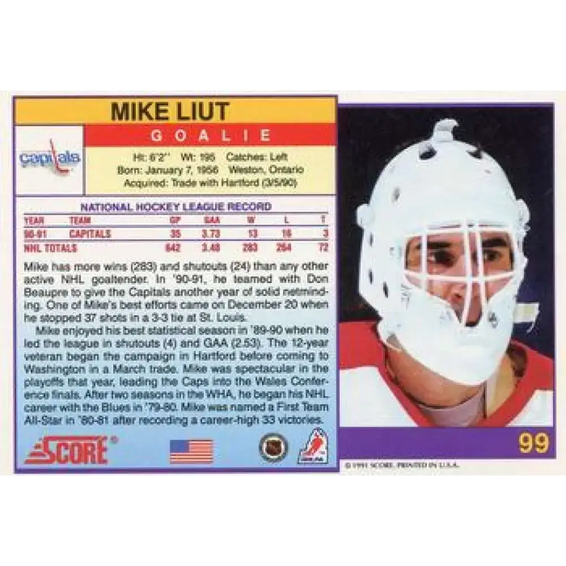 1991-92 Score American #99 Mike Liut NM-MT Washington Capitals Hockey Card - Hockey Card Single