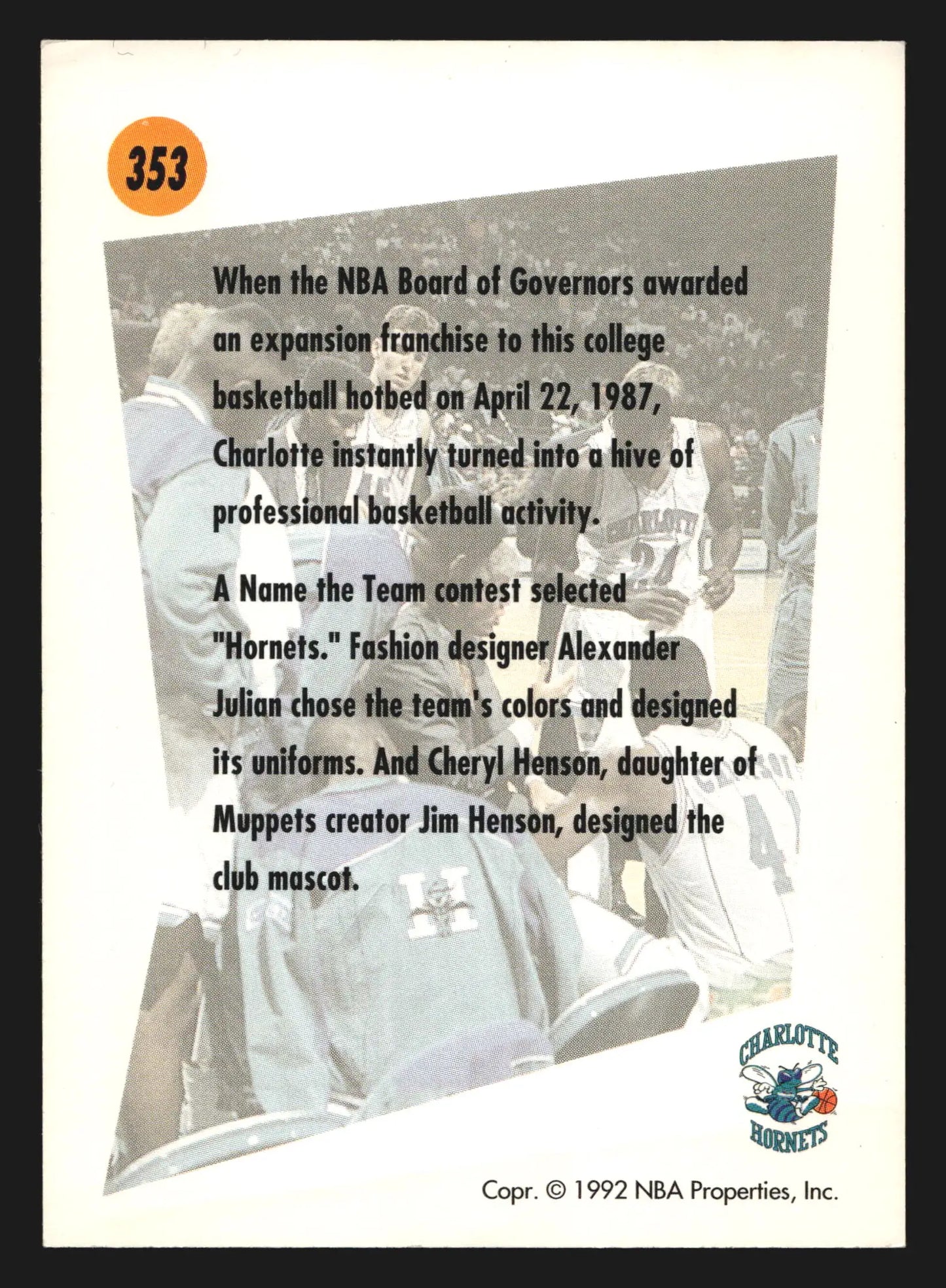 1991-92 SkyBox #353 Charlotte Hornets Team Logo Card