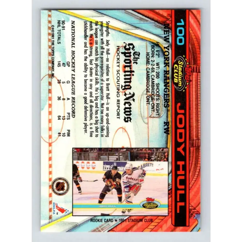 1991-92 Topps Stadium Club #100 Jody Hull NM-MT New York Rangers Hockey Card - Hockey Card Single