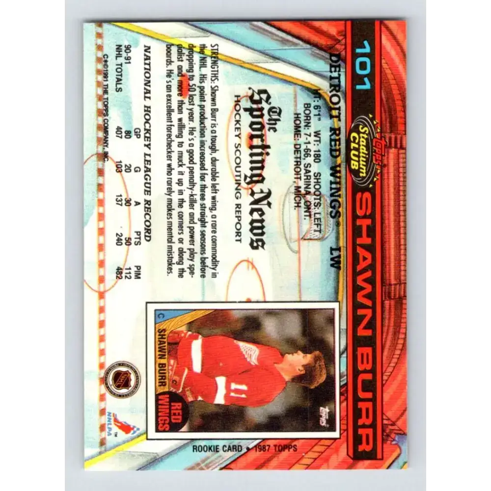 1991-92 Topps Stadium Club #101 Shawn Burr NM-MT Detroit Red Wings Hockey Card - Hockey Card Single