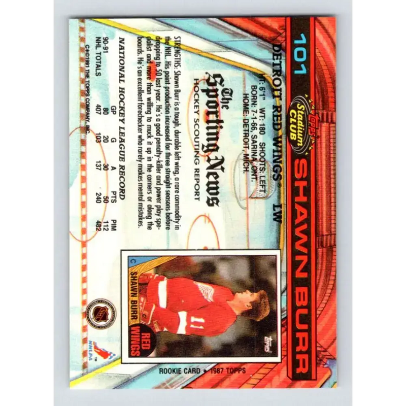1991-92 Topps Stadium Club #101 Shawn Burr NM-MT Detroit Red Wings Hockey Card - Hockey Card Single