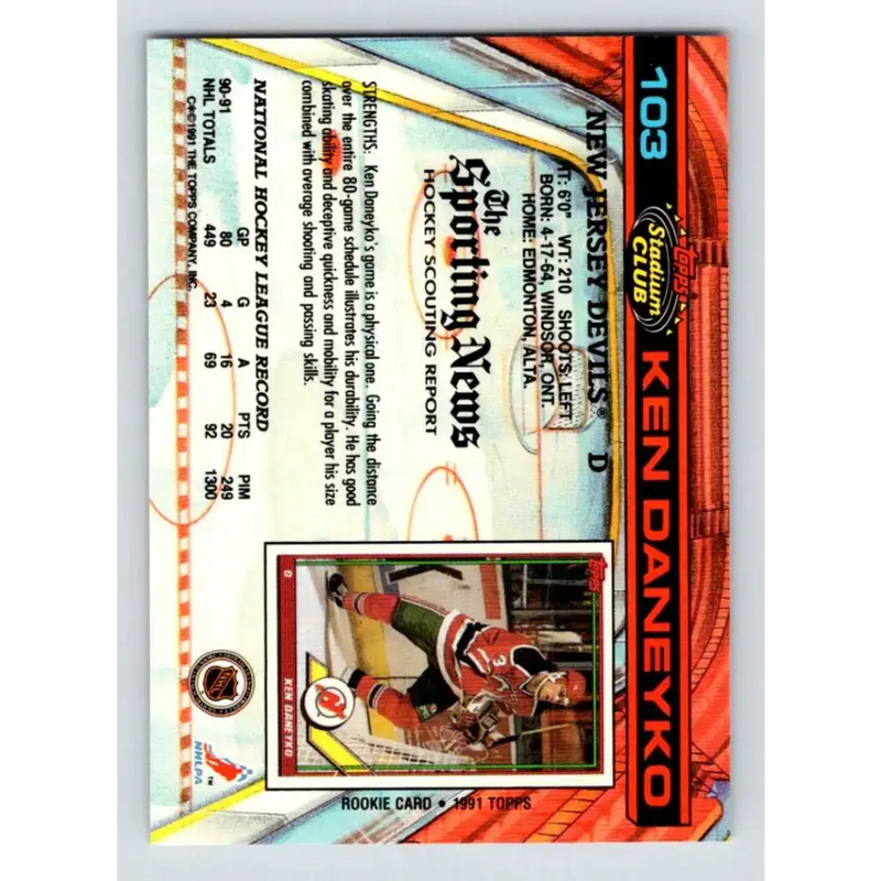 1991-92 Topps Stadium Club #103 Ken Daneyko NM-MT New Jersey Devils Hockey Card - Hockey Card Single