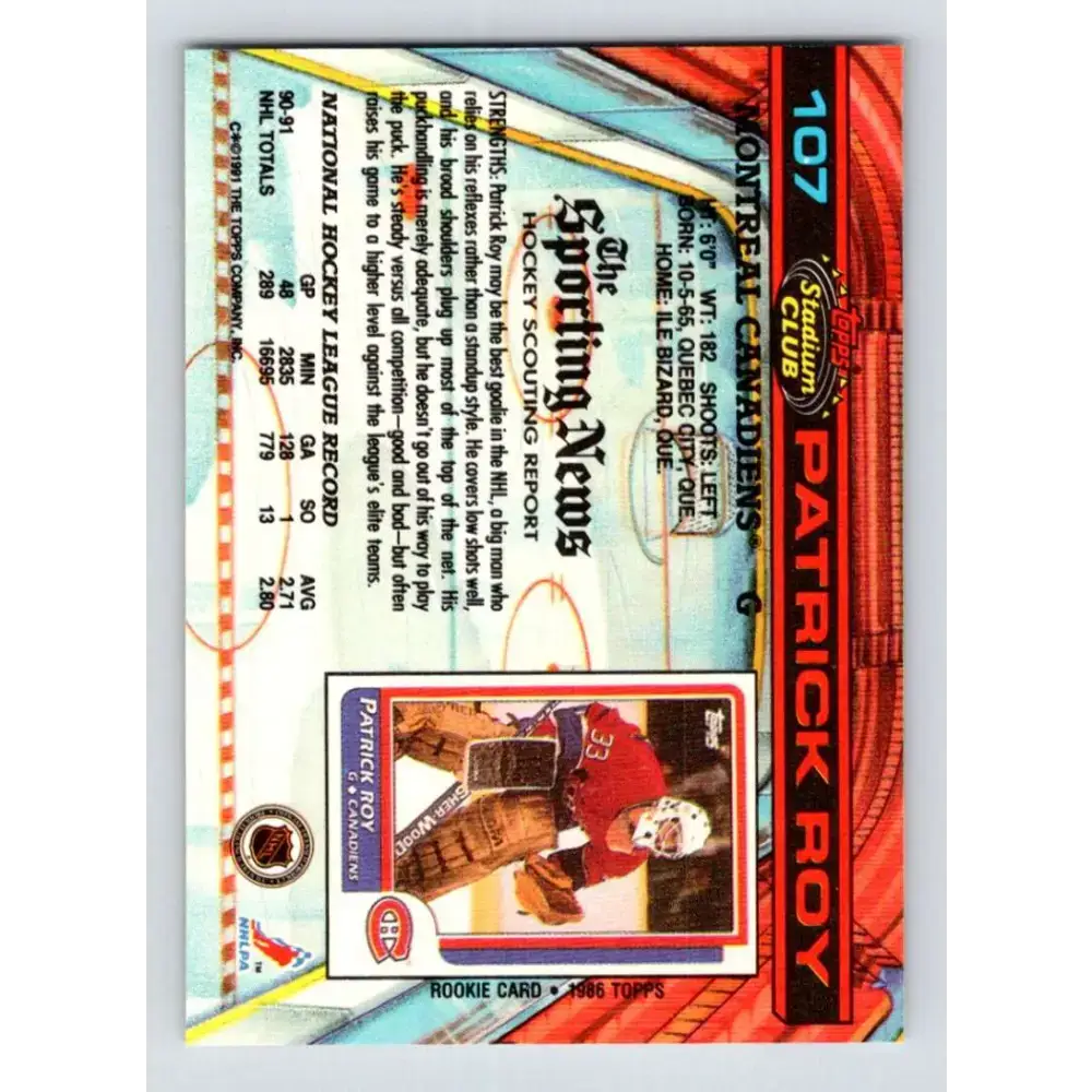 1991-92 Topps Stadium Club #107 Patrick Roy NM-MT Montreal Canadiens Hockey Card - Hockey Card Single
