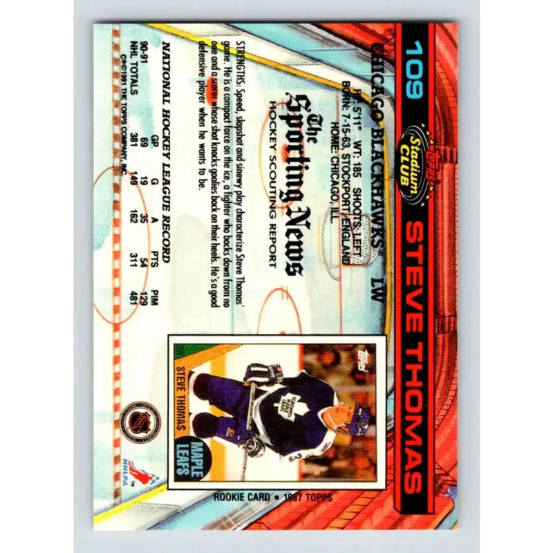 1991-92 Topps Stadium Club #109 Steve Thomas NM-MT Chicago Blackhawks Hockey Card - Hockey Card Single