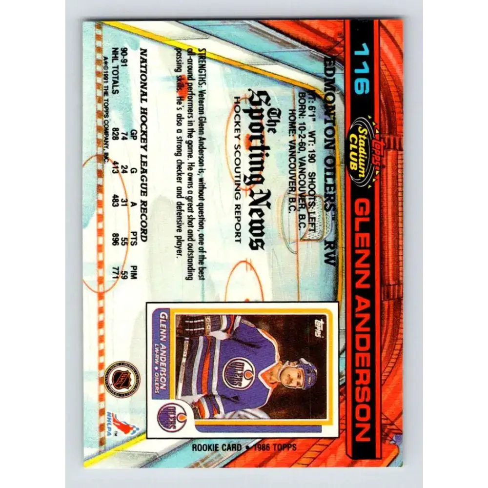 1991-92 Topps Stadium Club #116 Glenn Anderson NM-MT Edmonton Oilers Hockey Card - Hockey Card Single