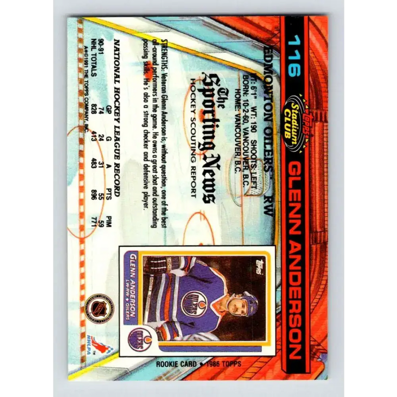 1991-92 Topps Stadium Club #116 Glenn Anderson NM-MT Edmonton Oilers Hockey Card - Hockey Card Single