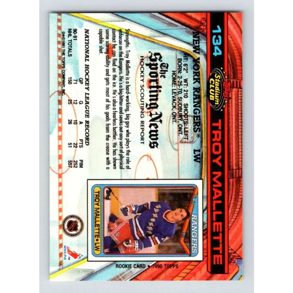 1991-92 Topps Stadium Club #134 Troy Mallette NM-MT New York Rangers Hockey Card - Hockey Card Single