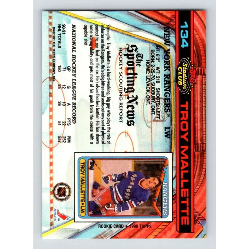 1991-92 Topps Stadium Club #134 Troy Mallette NM-MT New York Rangers Hockey Card - Hockey Card Single