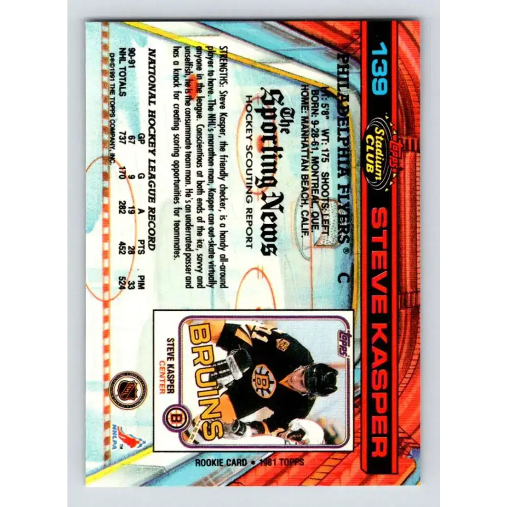 1991-92 Topps Stadium Club #139 Steve Kasper NM-MT Philadelphia Flyers Hockey Card - Hockey Card Single