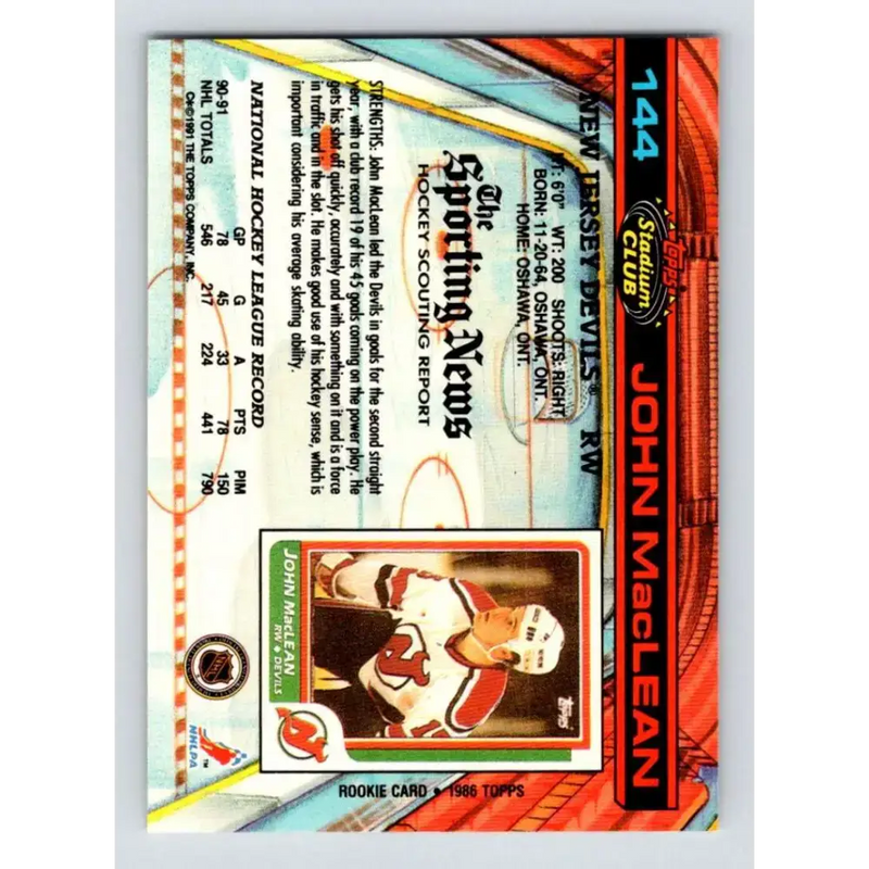 1991-92 Topps Stadium Club #144 John MacLean NM-MT New Jersey Devils Hockey Card - Hockey Card Single