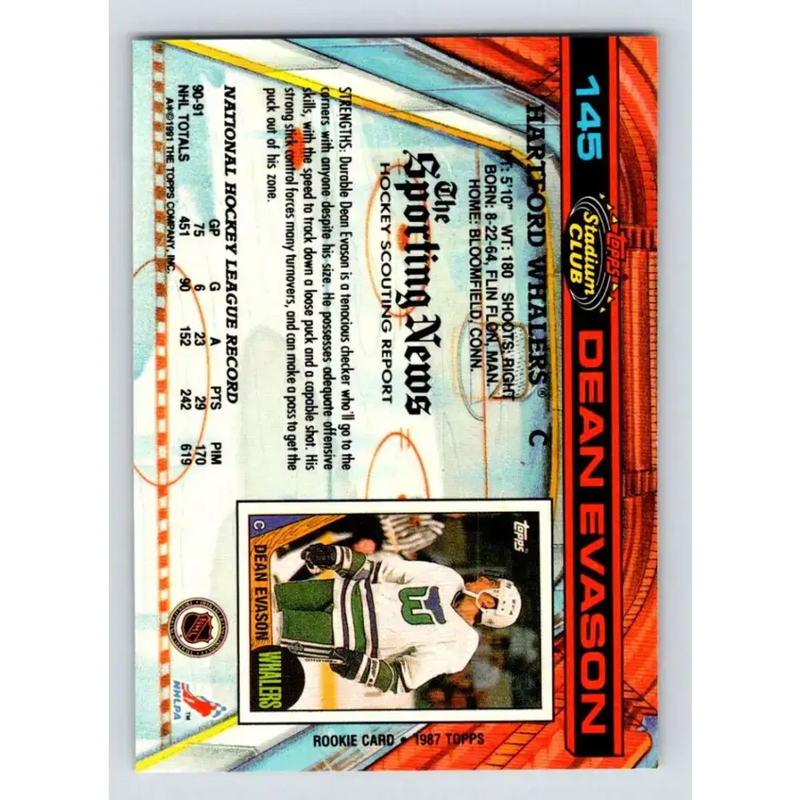 1991-92 Topps Stadium Club #145 Dean Evason NM-MT Hartford Whalers Hockey Card - Hockey Card Single