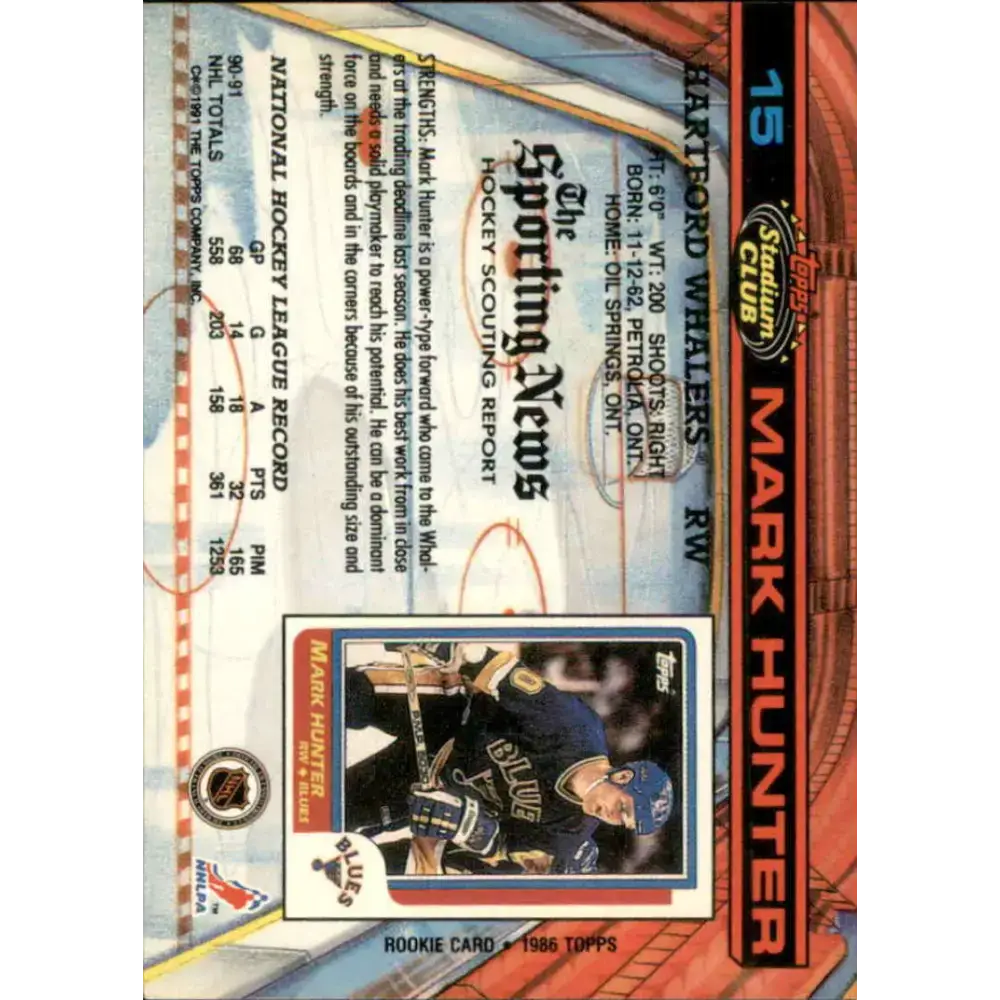 1991-92 Topps Stadium Club #15 Mark Hunter NM-MT Hartford Whalers Hockey Card - Hockey Card Single