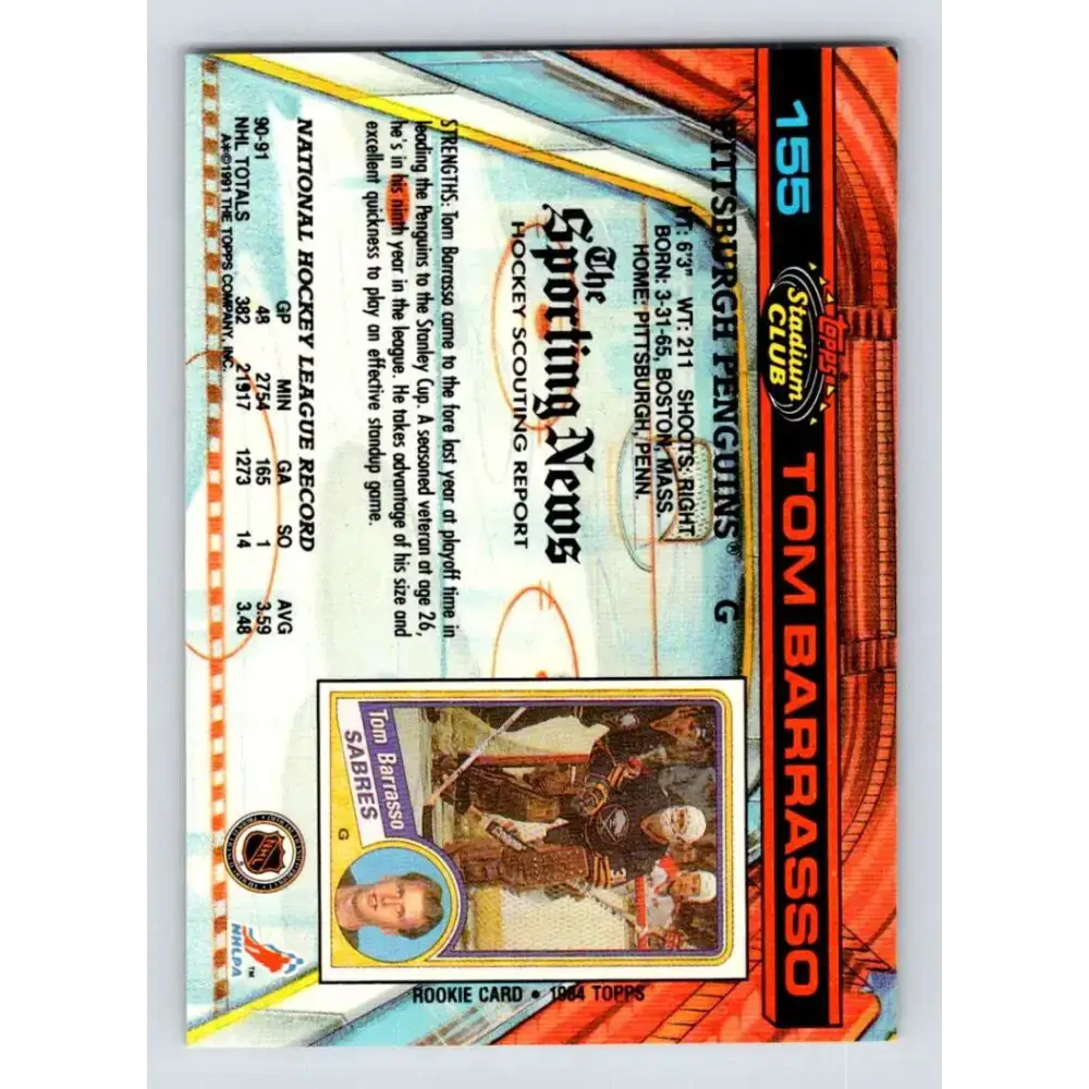 1991-92 Topps Stadium Club #155 Tom Barrasso NM-MT Pittsburgh Penguins Hockey Card - Hockey Card Single