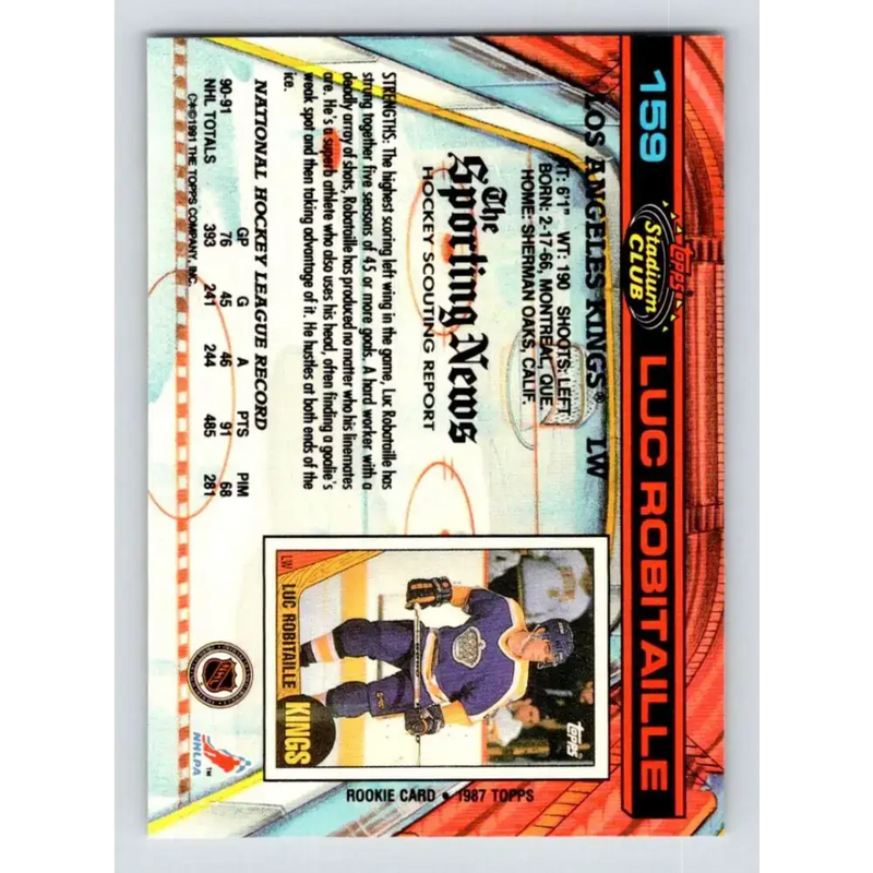 1991-92 Topps Stadium Club #159 Luc Robitaille NM-MT Los Angeles Kings Hockey Card - Hockey Card Single