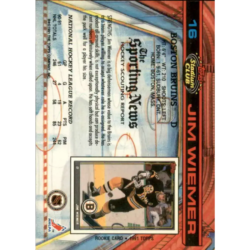 1991-92 Topps Stadium Club #16 Jim Wiemer NM-MT Boston Bruins Hockey Card - Hockey Card Single
