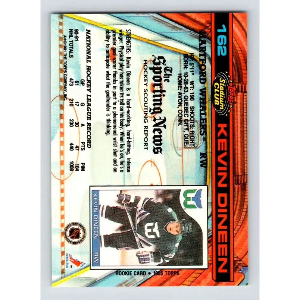 1991-92 Topps Stadium Club #162 Kevin Dineen NM-MT Hartford Whalers Hockey Card - Hockey Card Single