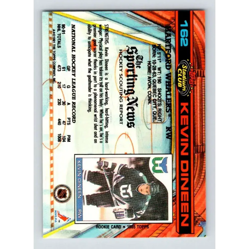 1991-92 Topps Stadium Club #162 Kevin Dineen NM-MT Hartford Whalers Hockey Card - Hockey Card Single