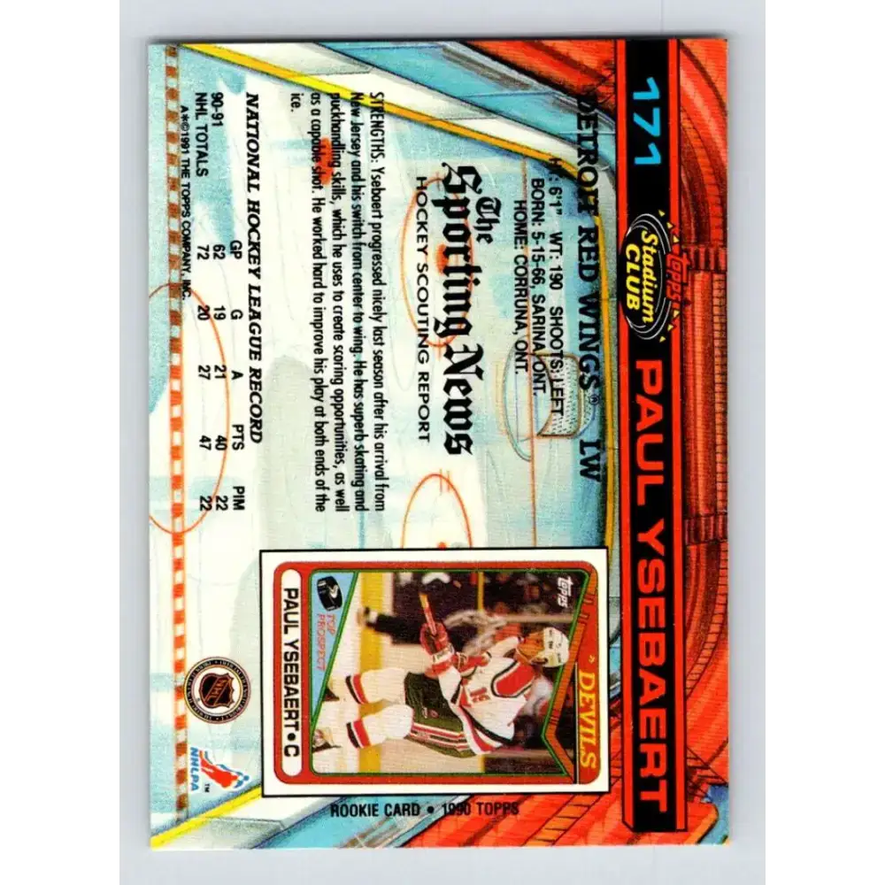 1991-92 Topps Stadium Club #171 Paul Ysebaert UER NM-MT Detroit Red Wings Hockey Card - Hockey Card Single